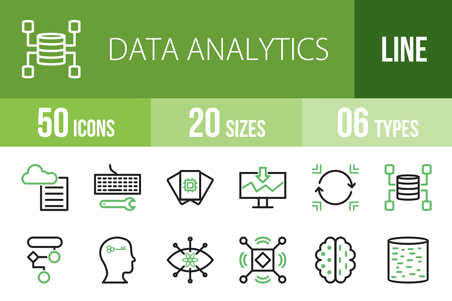 50 Data Analytics Green&Black Icons