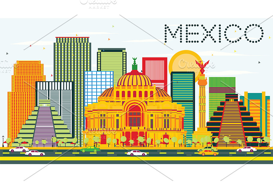 Mexico Skyline with Color Buildings in Illustrations - product preview 8