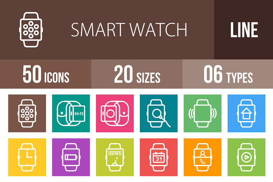50 Smart Watch Line Multicolor Icons