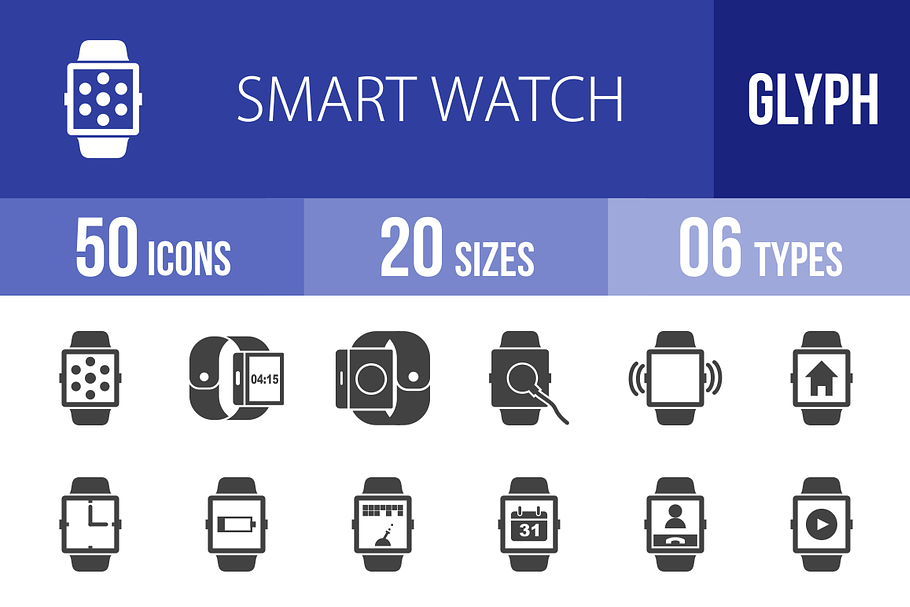 50 Smart Watch Glyph Icons in Graphics - product preview 8