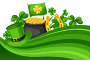 Saint Patricks Day card. Flag, pot of gold coins, shamrocks, green hat and horseshoe