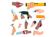 Hands with construction tools vector illustration.