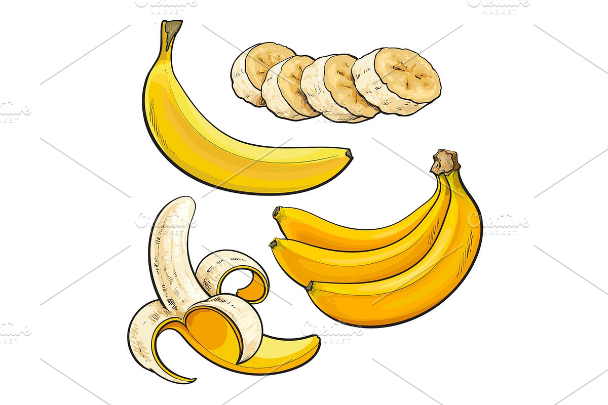 Sliced, peeled, singl and bunch of three ripe banana in Illustrations - product preview 8