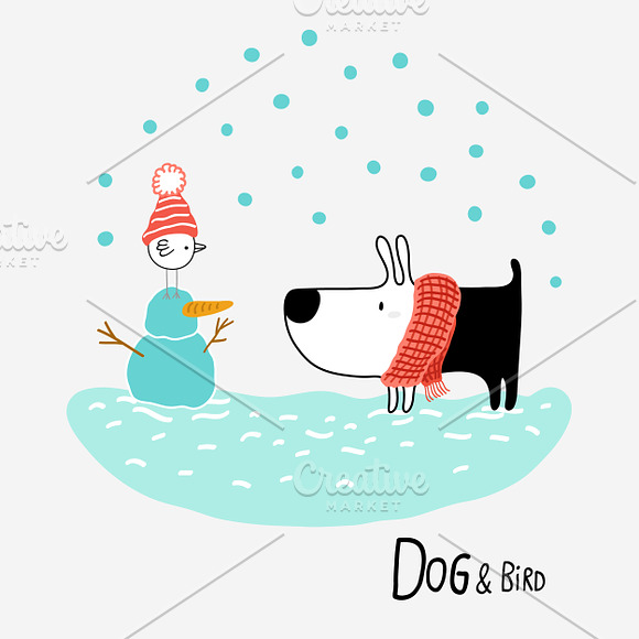 Dog & Bird in the Snow in Illustrations - product preview 1