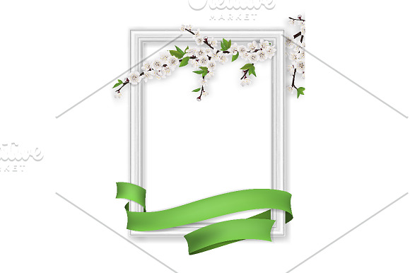 photo frame blooming branch green ribbon in Illustrations - product preview 1