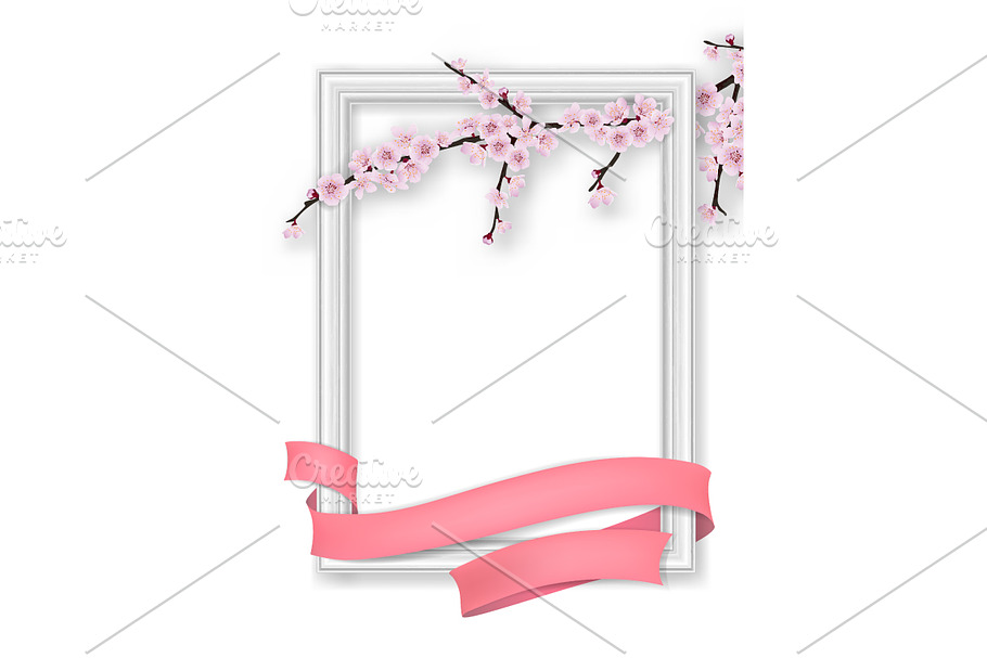 photo frame blooming sakura branch pink ribbon in Illustrations - product preview 8