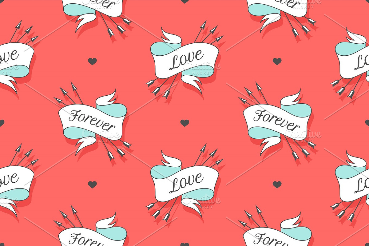 Seamless pattern with hearts and arrows on a turquoise backdrop in Objects - product preview 8