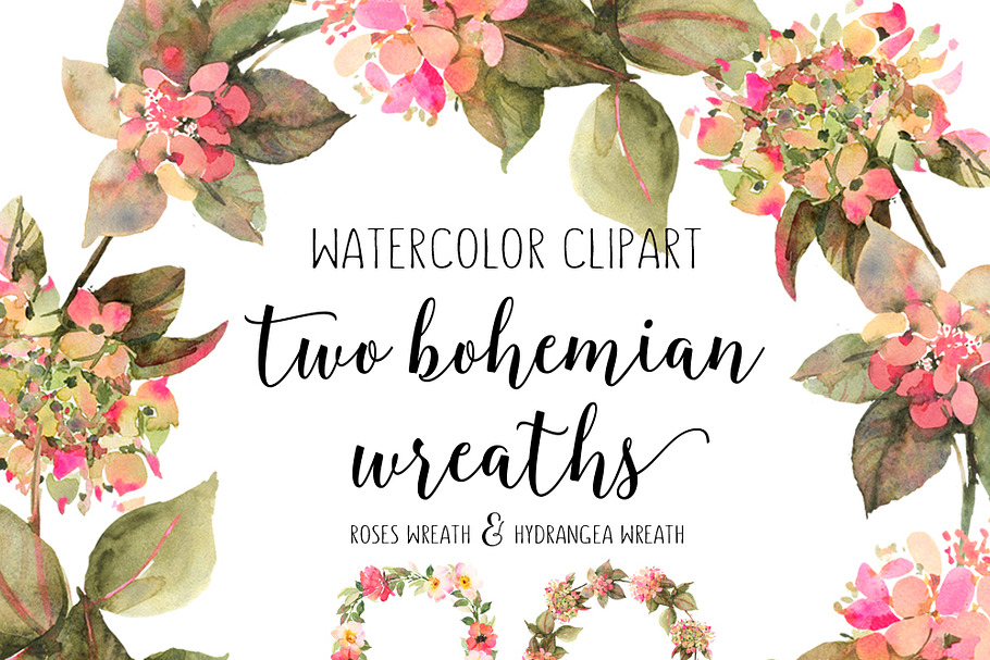Hydrangea and rose watercolor wreath in Illustrations - product preview 8