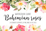 Bohemian roses watercolor bundle