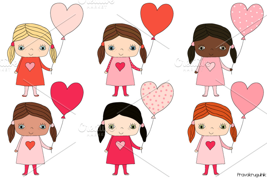 Cute girls with balloons clipart set