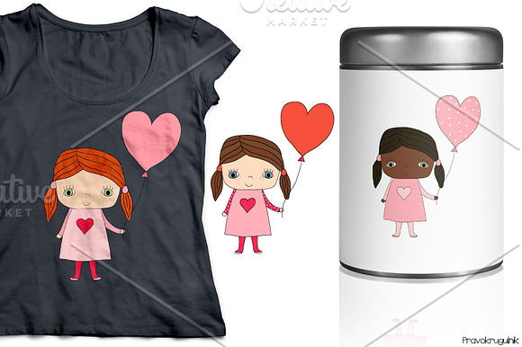 Cute girls with balloons clipart set in Illustrations - product preview 1