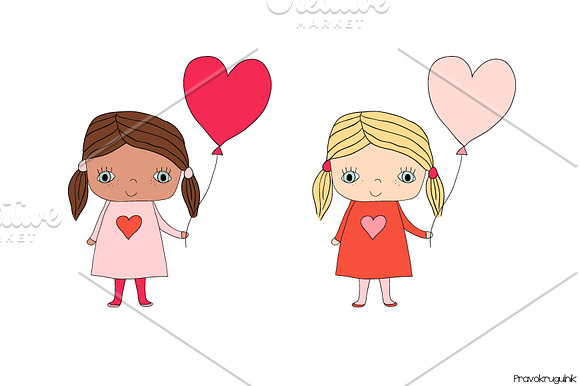 Cute girls with balloons clipart set in Illustrations - product preview 2