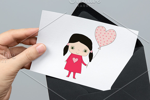 Cute girls with balloons clipart set in Illustrations - product preview 3