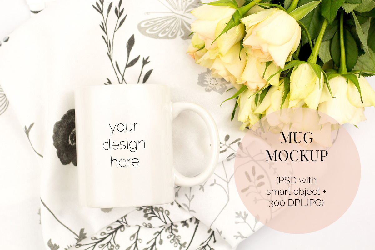 White Mug PSD Mockup with Roses in Product Mockups - product preview 8