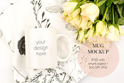 White Mug PSD Mockup with Roses