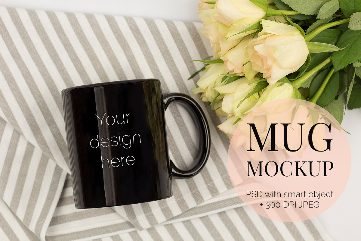 Black Mug Mockup PSD with Roses in Product Mockups - product preview 8