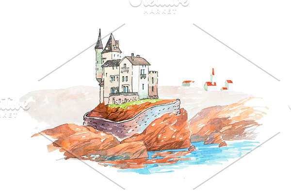 Medieval castle famous landmarks travel and tourism waercolor illustration