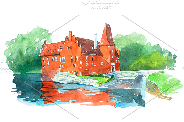 Castle Cervena Lhota famous landmarks travel and tourism waercolor illustration
