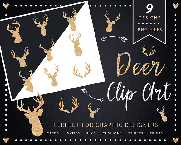 Deer Head Clipart - gold glitter in Graphics - product preview 4