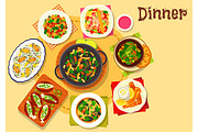 Seafood dishes with salads icon for menu design