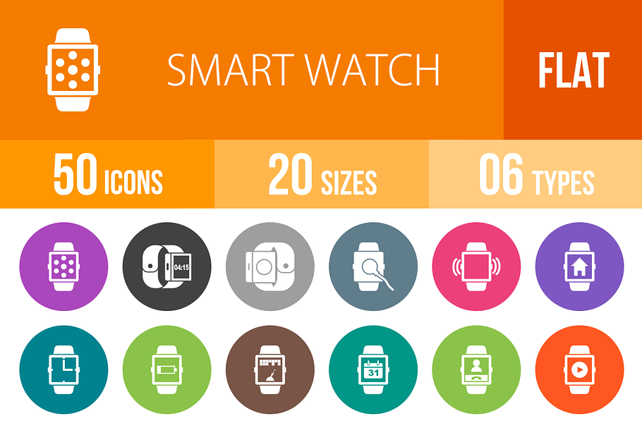50 Smart Watch Flat Round Icons