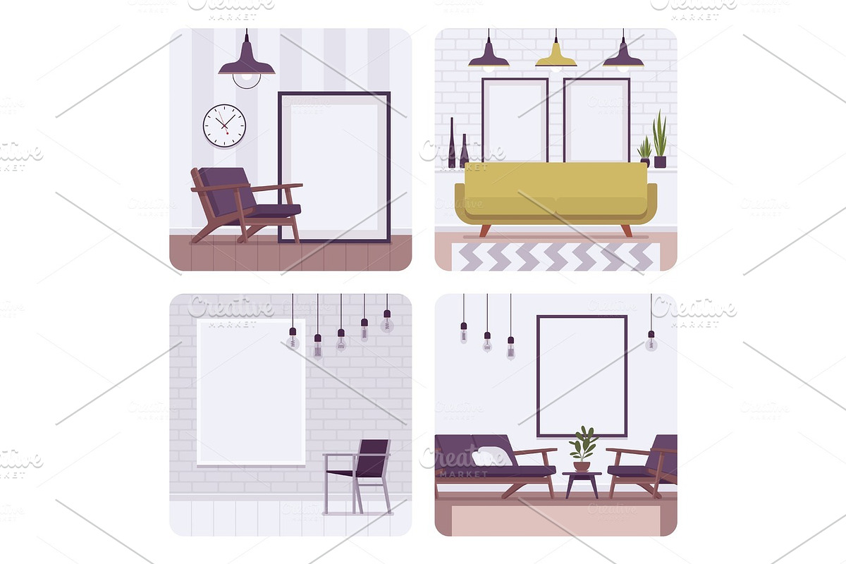 Set of retro interiors, frames for copyspace and mockup in Illustrations - product preview 8
