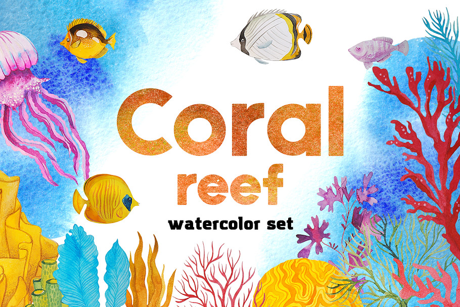Coral reef - watercolor set in Objects - product preview 8