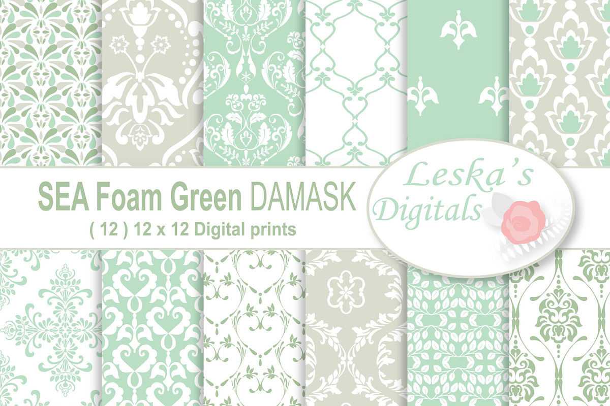 Sea Foam Green Damask Digital Paper in Patterns - product preview 8