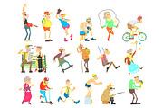 Old People Activities, Flat Vector Illustration Set
