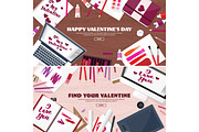 Flat background with paper, envelope. Love, hearts. Valentines day. Be my valentine. 14 february.Vector illustration.