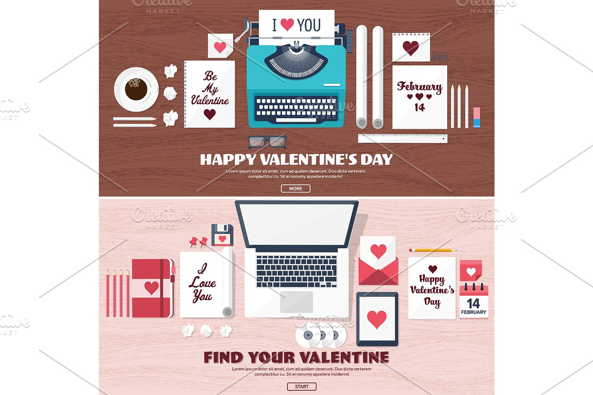 Flat background with typewriter. Love, hearts. Valentines day. Be my valentine. 14 february.Vector illustration. Holidays. in Objects - product preview 8