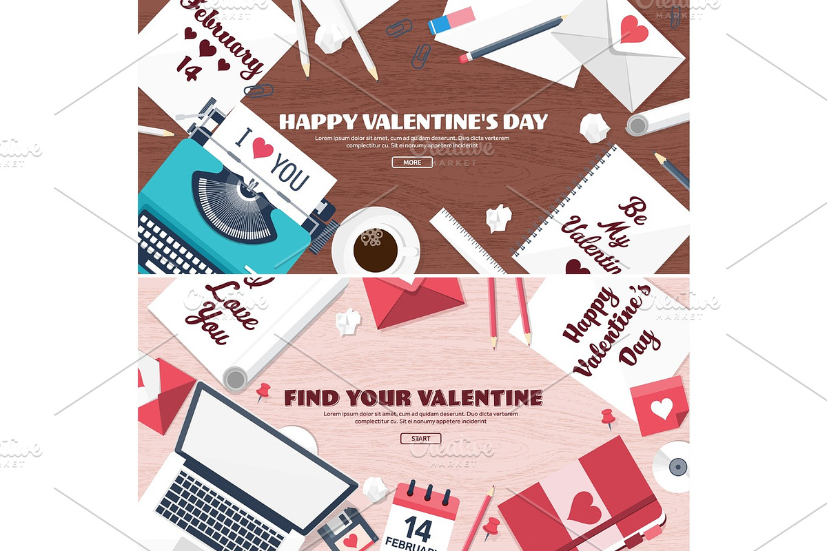 Flat background with typewriter. Love, hearts. Valentines day. Be my valentine. 14 february.Vector illustration. Holidays. in Objects - product preview 8