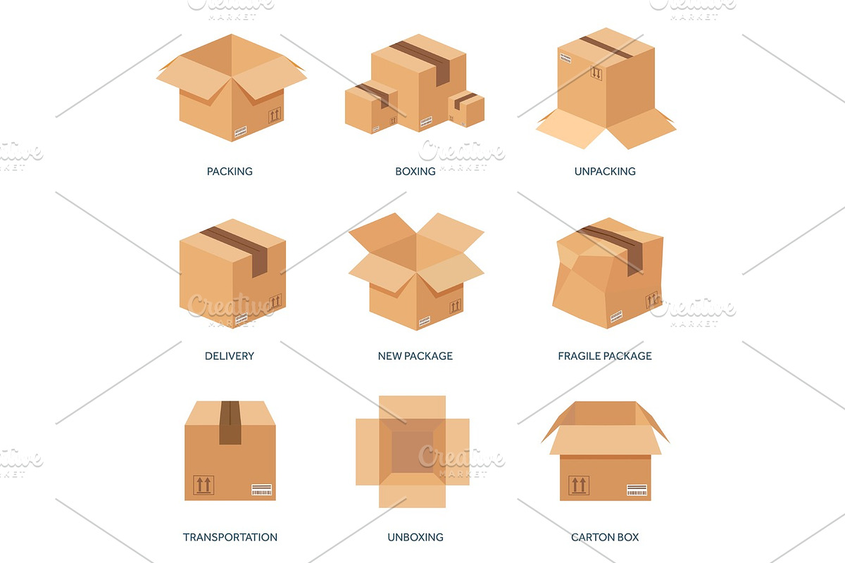 Vector illustration. Flat carton box. Transport, packaging, shipment. Post service, delivery. in Objects - product preview 8