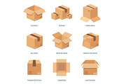 Vector illustration. Flat carton box. Transport, packaging, shipment. Post service, delivery.