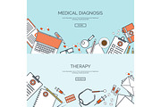 Vector illustration. Flat medical background. First aid, diagnostic. Medical research, therapy. Global healthcare.