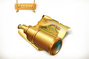Map and spyglass. Game icon, vector