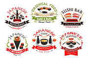 Japanese cuisine seafood signs, emblems set
