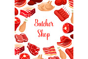 Butcher shop, butchery meat products vector poster