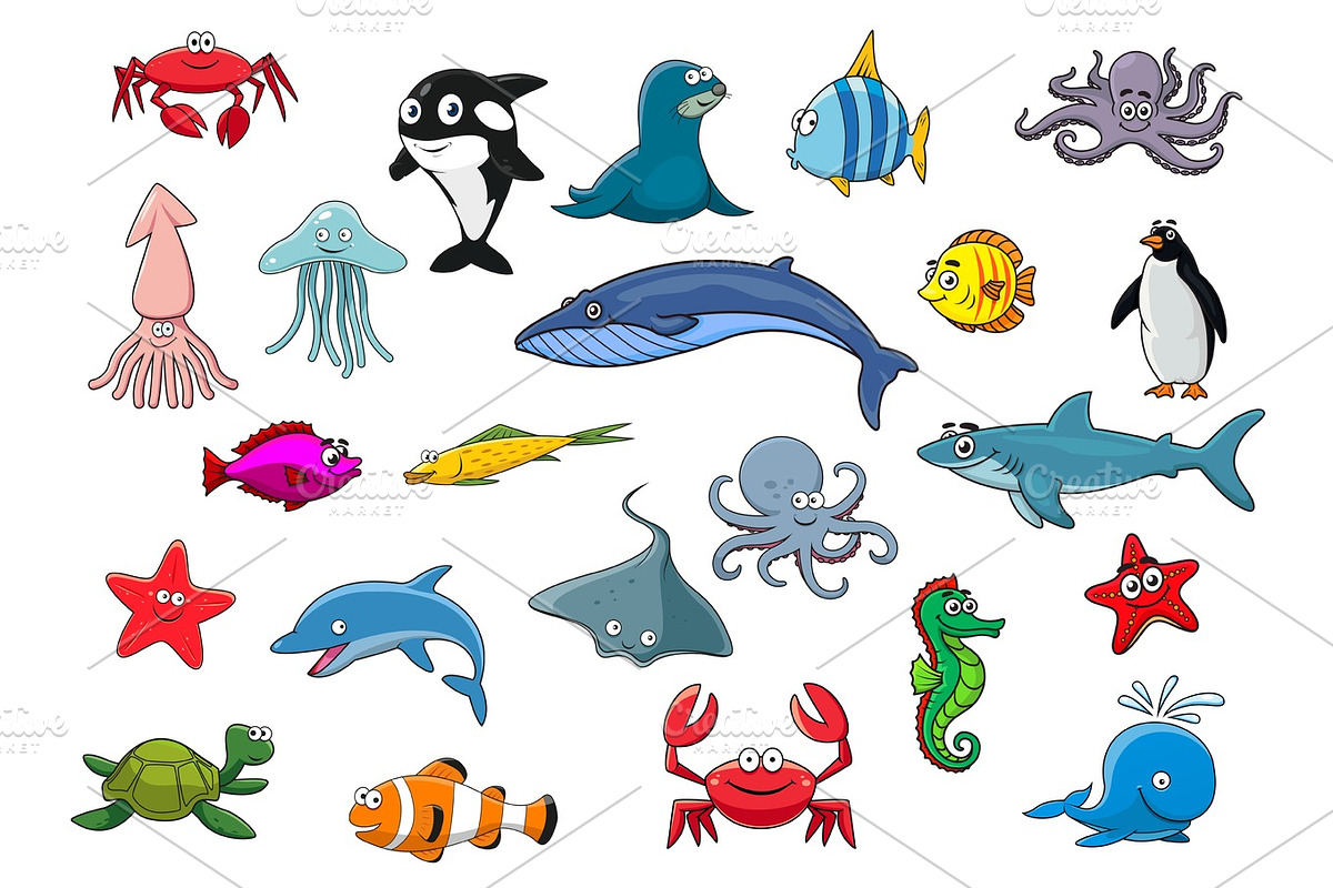 Cartoon sea fish and ocean animals vector icons in Illustrations - product preview 8