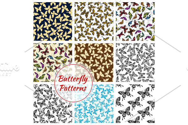 Butterflies and moth seamless patterns set