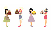 Set of female characters with a cake