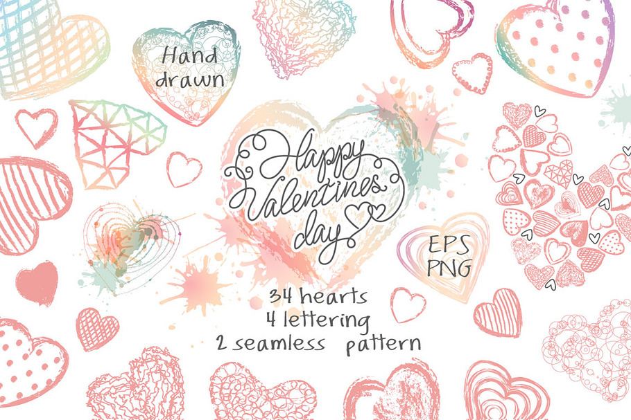 Love set Hand drawn hearts lettering