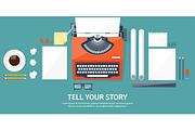 Vector illustration.  Flat typewriter. Tell your story. Author. Blogging.