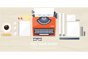 Vector illustration.  Flat typewriter. Tell your story. Author. Blogging. Wood background.