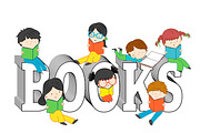 Children reading on books text