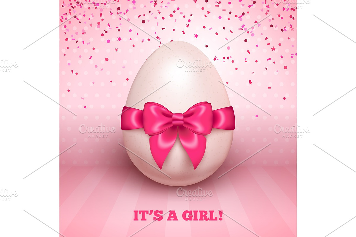 It's a girl baby shower with pink ribbon and egg in Illustrations - product preview 8