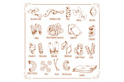 Pasta and macaroni sorts sketch vector icons