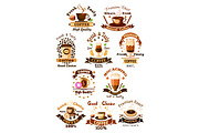 Coffee cafe, cafeteria vector emblems set