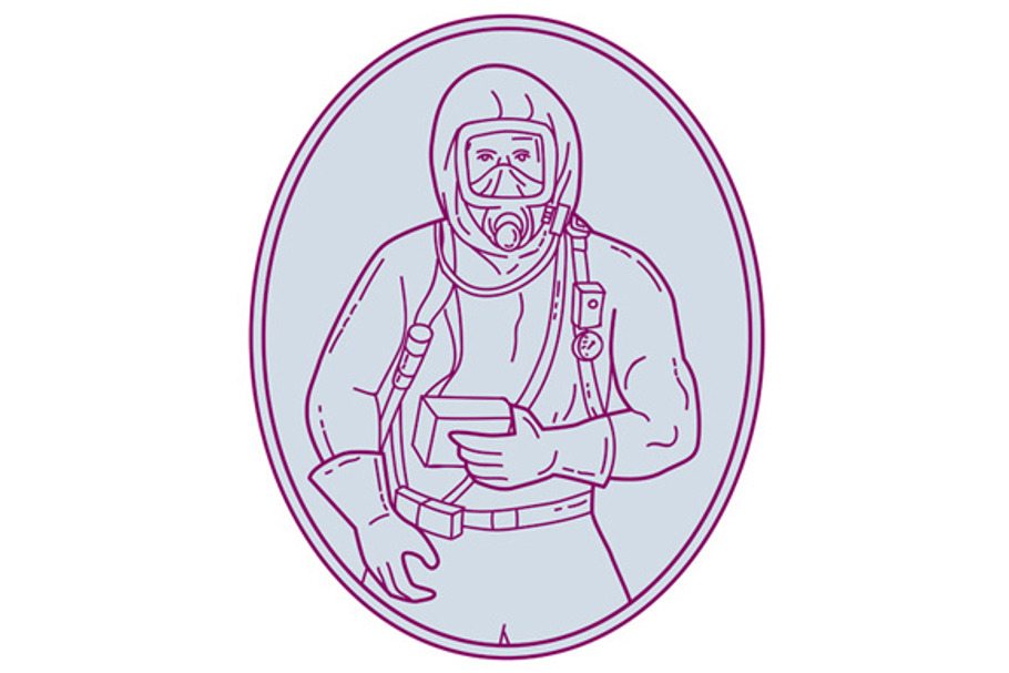 Worker Haz Chem Suit Oval Mono Line in Illustrations - product preview 8