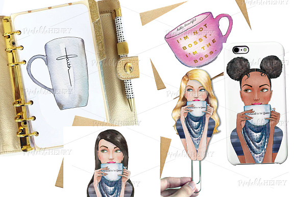 Coffeebreak watercolor clipart in Illustrations - product preview 4